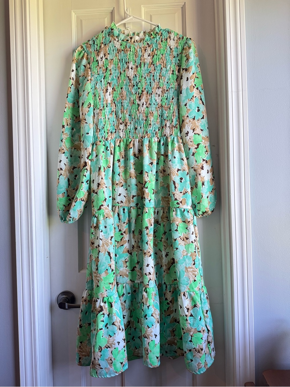 Smocked Mint Floral Tiered Long Sleeve Midi Dress
